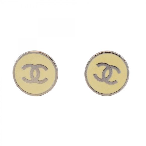 Chanel Coco Mark Round Circle Metal Earrings Silver Beige  Women's - Picture 1 of 7